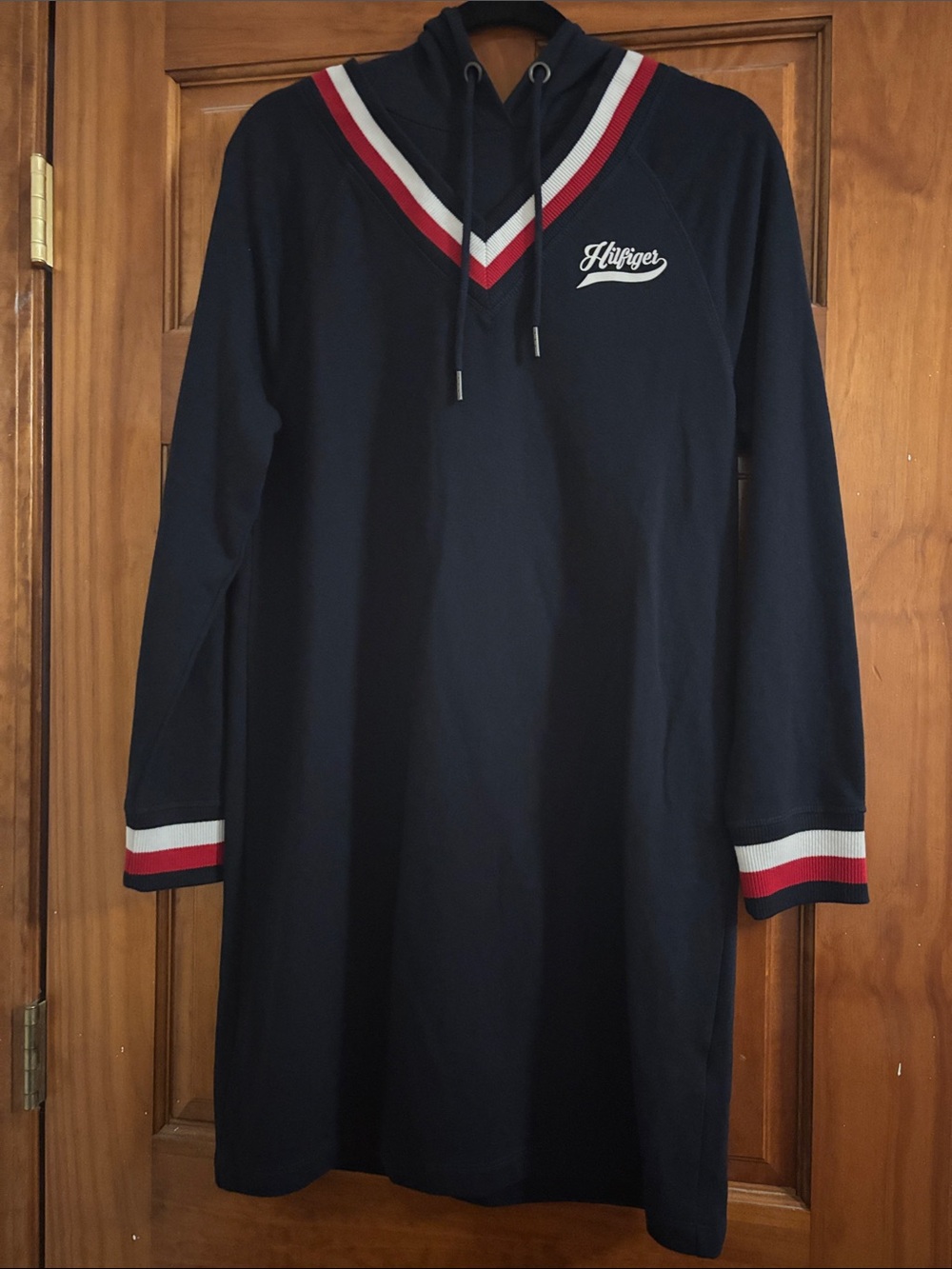 Tommy Hilfiger Navy Long-Sleeve V-Neck Dress with Red & White Trim